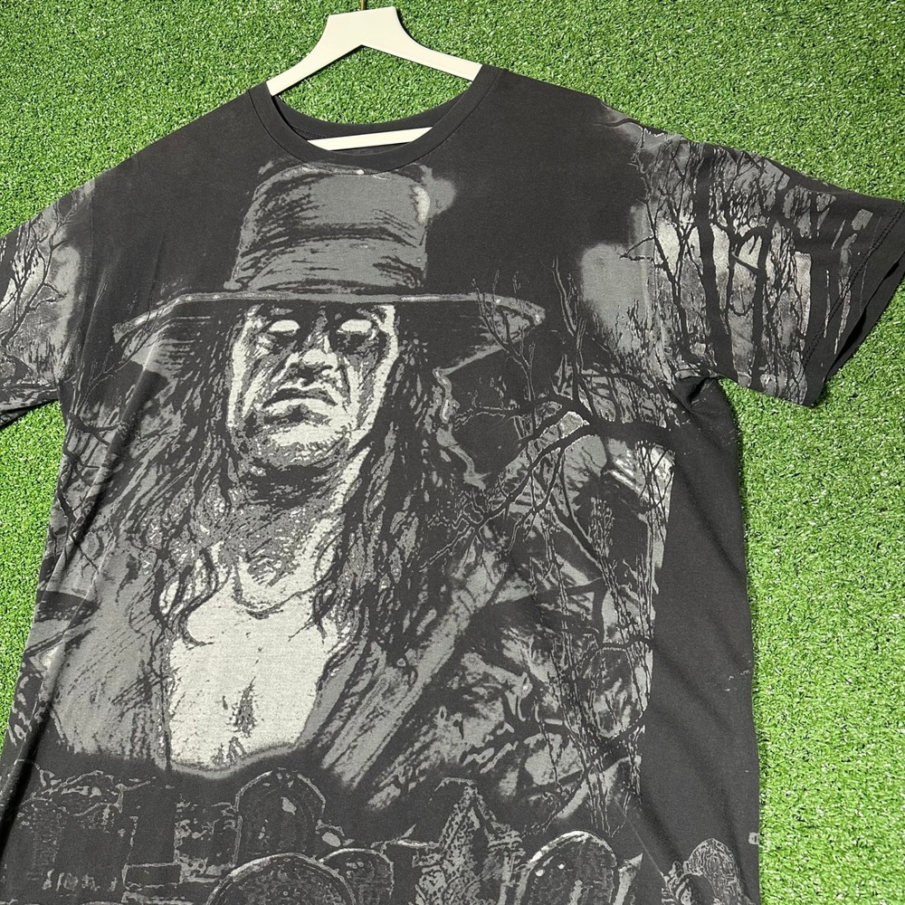 Top Rope‎ Y2K Undertaker AOP WWE T-Shirt Black Mens Large Graveyard Tee